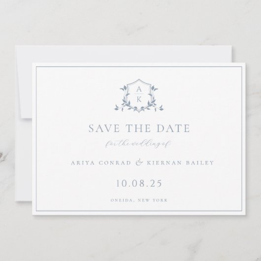 Tijdloze wijnstokken stoffige blauwe kuif monogram save the date (Voorkant)