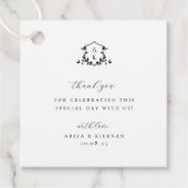 Tijdloze wijnstokken zwart crest bruiloft monogram bedankjes labels (Voorkant)