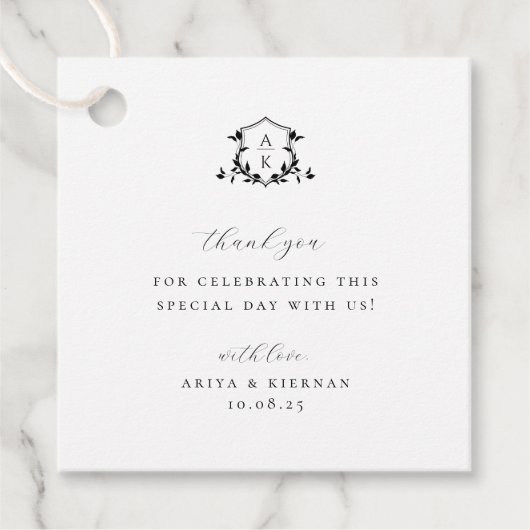 Tijdloze wijnstokken zwart crest bruiloft monogram bedankjes labels (Voorkant)
