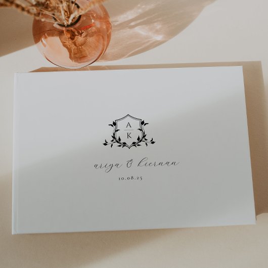 Tijdloze wijnstokken zwart crest bruiloft monogram gastenboek