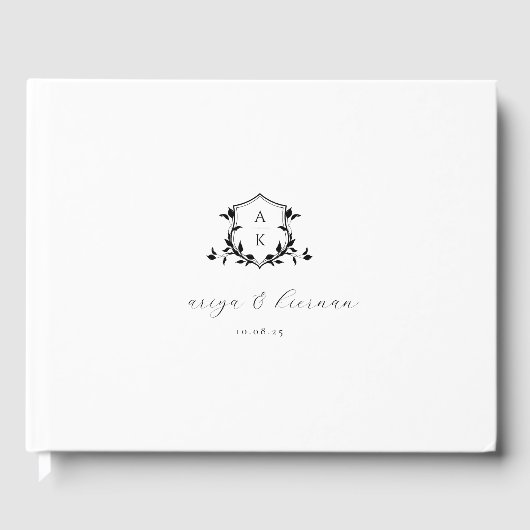 Tijdloze wijnstokken zwart crest bruiloft monogram gastenboek (Voorkant)