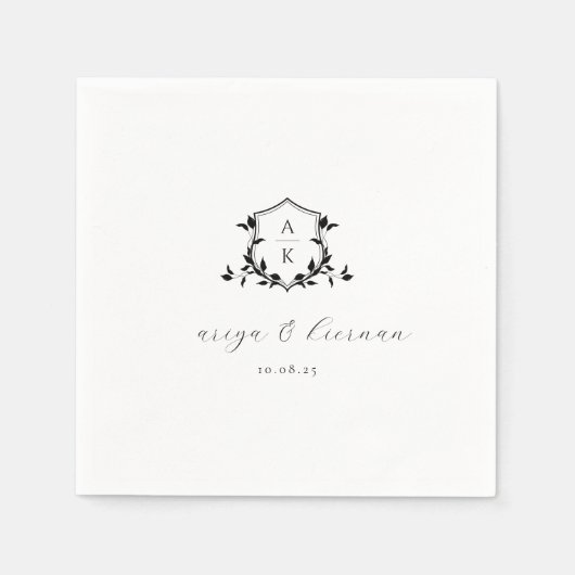 Tijdloze wijnstokken zwart crest bruiloft monogram servet (Voorkant)