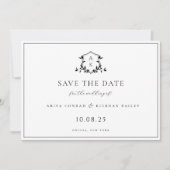 Tijdloze wijnstokken zwart crest monogram bruiloft save the date (Voorkant)