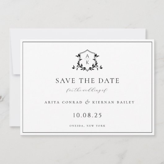Tijdloze wijnstokken zwart crest monogram bruiloft save the date (Voorkant)