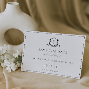 Tijdloze wijnstokken zwart crest monogram bruiloft save the date