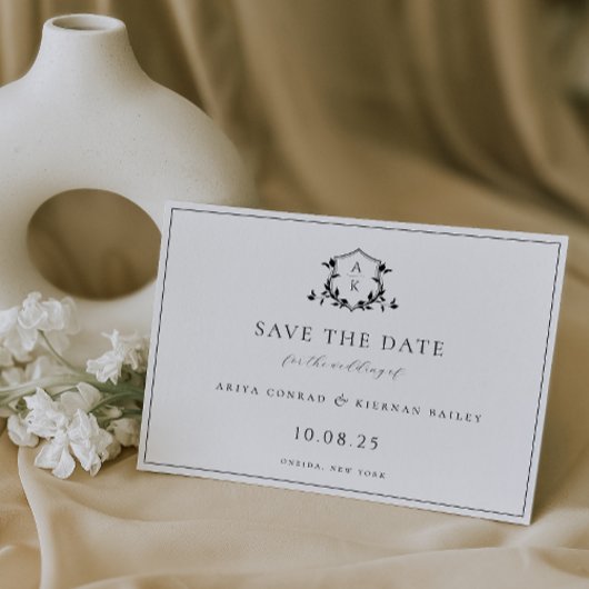 Tijdloze wijnstokken zwart crest monogram bruiloft save the date