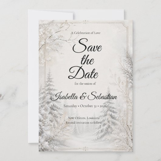 Tijdloze Winterwoud Elegantie Bruiloft Save The Date (Voorkant)