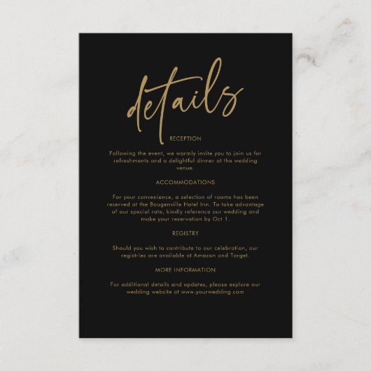 Tijdloze zwart en gouden bruiloft informatiekaartje (Voorkant)