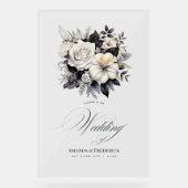 Tijdloze zwart-wit bloemenbruiloft welkom acryl bord (Voorkant)