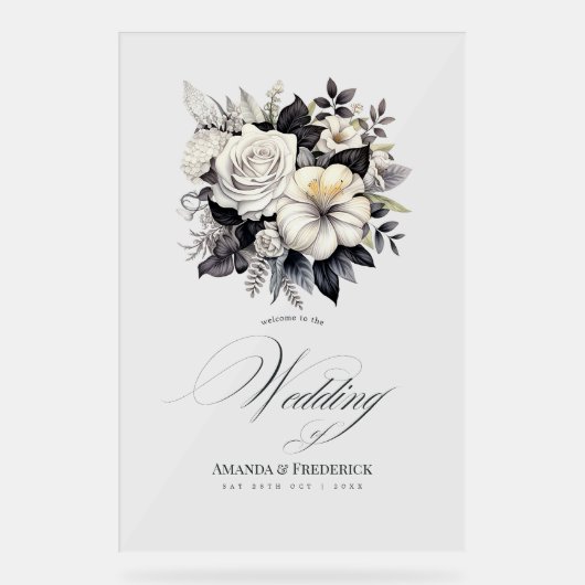 Tijdloze zwart-wit bloemenbruiloft welkom acryl bord (Voorkant)