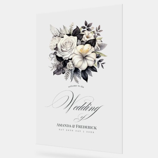 Tijdloze zwart-wit bloemenbruiloft welkom acryl bord (Hoek)