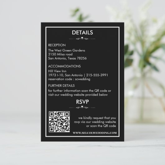 Tijdloze zwart-wit bruiloft details / RSVP-kaart Informatiekaartje (Staand voorkant)