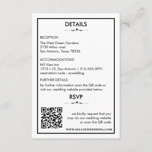 Tijdloze zwart-wit bruiloft details / RSVP-kaart Informatiekaartje (Voorkant)