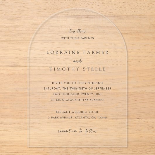 Tijdloze zwart-wit elegante bruiloft acryl uitnodigingen (Voorkant)