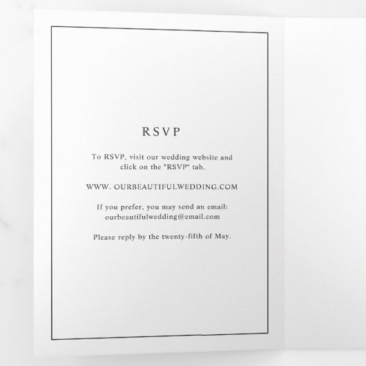 Tijdloze zwart-wit elegante bruiloft drieluik uitnodiging (Binnenzijde eerst)