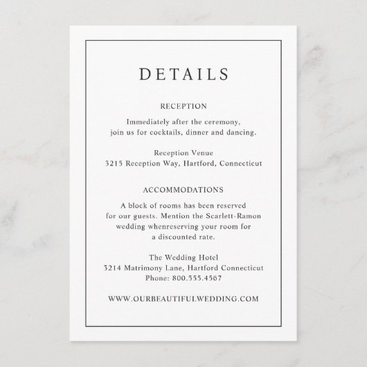 Tijdloze zwart-wit elegante bruiloft informatiekaartje (Voorkant)