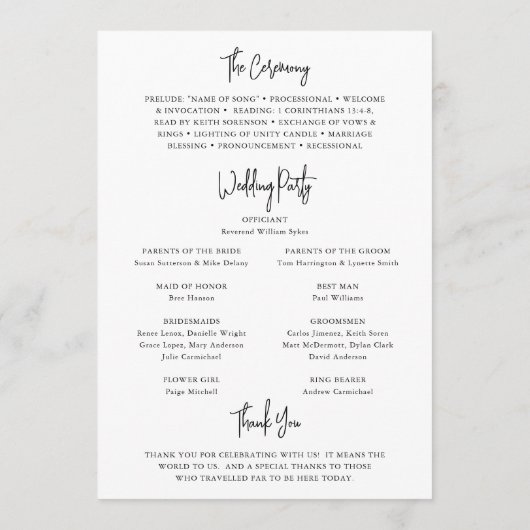 Tijdloze zwart-wit elegante bruiloft programmakaart (Achterkant)