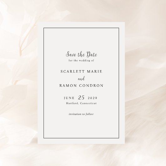 Tijdloze zwart-wit elegante bruiloft save the date