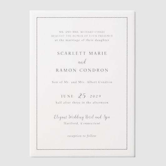 Tijdloze zwart-wit elegante bruiloft vellum uitnodigingen (Voorkant)