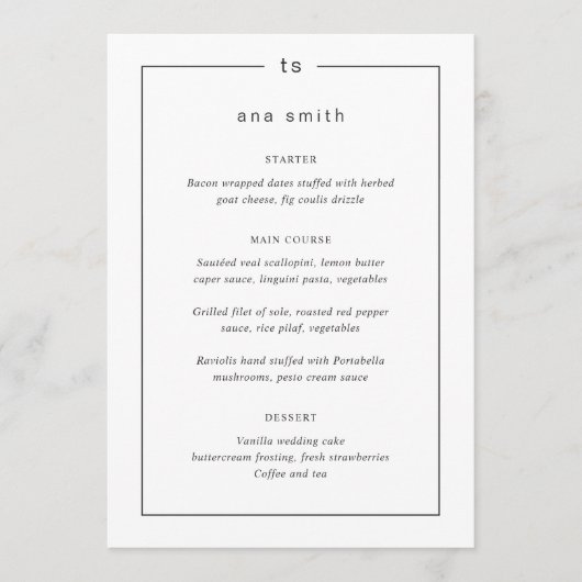 Tijdloze zwart-wit gastennaam Modern Wedding Menu (Voorkant)