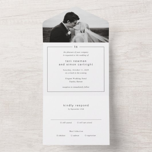 Tijdloze zwart-wit monogram moderne bruiloft all in one uitnodiging (Binnen)