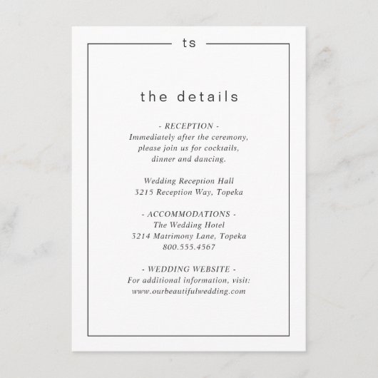 Tijdloze zwart-wit monogram moderne bruiloft informatiekaartje (Voorkant)