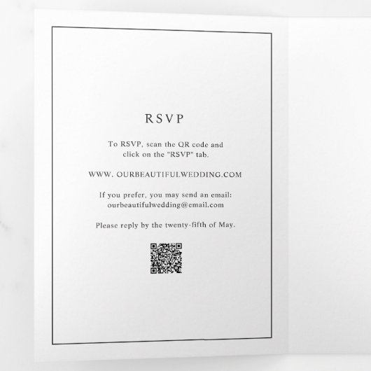 Tijdloze zwart-wit QR-code Elegante bruiloft Drieluik Uitnodiging (Binnenzijde eerst)