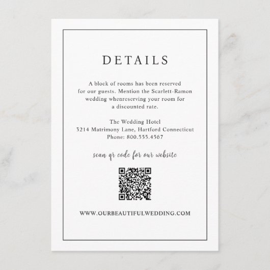 Tijdloze zwart-wit QR-code Elegante bruiloft Informatiekaartje (Voorkant)