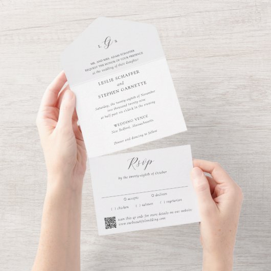 Tijdloze Zwart-Wit QR Code Elegante Trouw All In One Uitnodiging (Afscheurbaar)