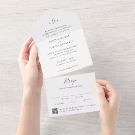 Tijdloze Zwart-Wit QR Code Elegante Trouw All In One Uitnodiging