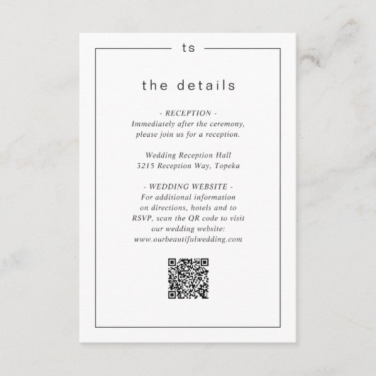 Tijdloze zwart-wit QR-code Moderne bruiloft Informatiekaartje (Voorkant)