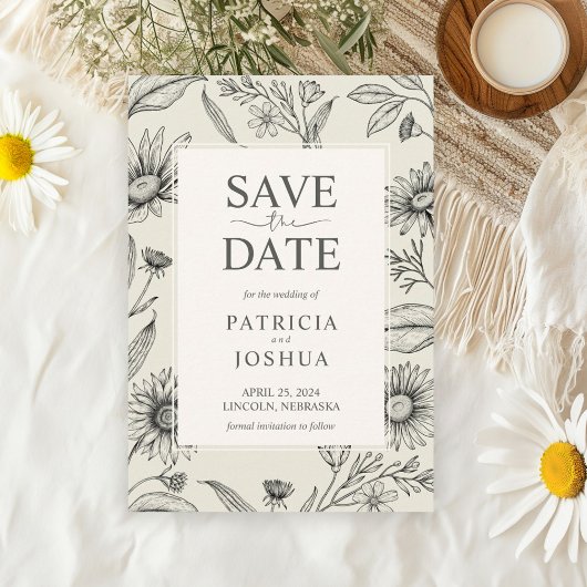 Tijdloze zwart-witte Wildflower Bewaar de datum Save The Date