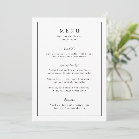 Tijdloze Zwarte en Witte Elegante Bruiloft Menu (Staand voorkant)
