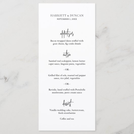 Tijdloze Zwarte en Witte Elegante Bruiloft Menu (Voorkant)