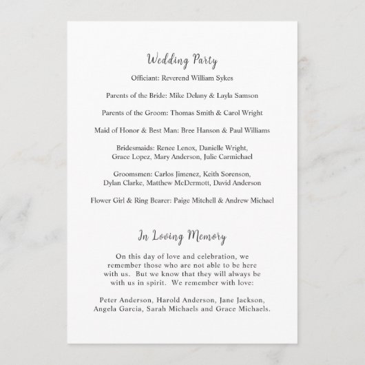 Tijdloze Zwarte en Witte Elegante Bruiloft Programmakaart (Achterkant)