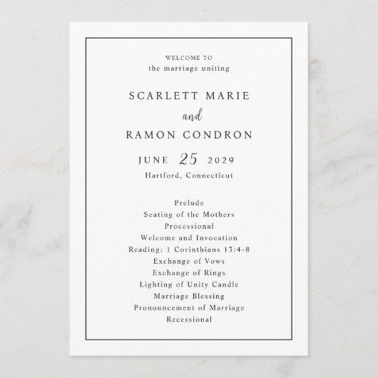 Tijdloze Zwarte en Witte Elegante Bruiloft Programmakaart (Voorkant)