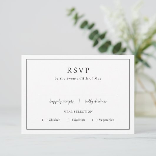 Tijdloze Zwarte en Witte Elegante Bruiloft RSVP Kaartje (Staand voorkant)