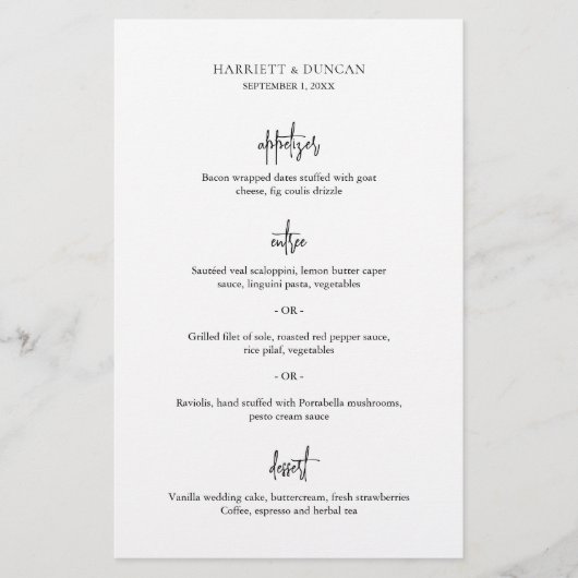 Tijdloze Zwarte en Witte Elegante Trouwmenu (Voorkant)