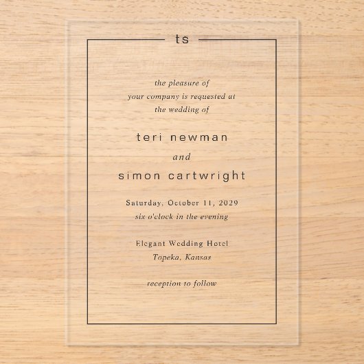 Tijdloze Zwarte en Witte Monogram Moderne Trouwdag Acryl Uitnodigingen (Voorkant)