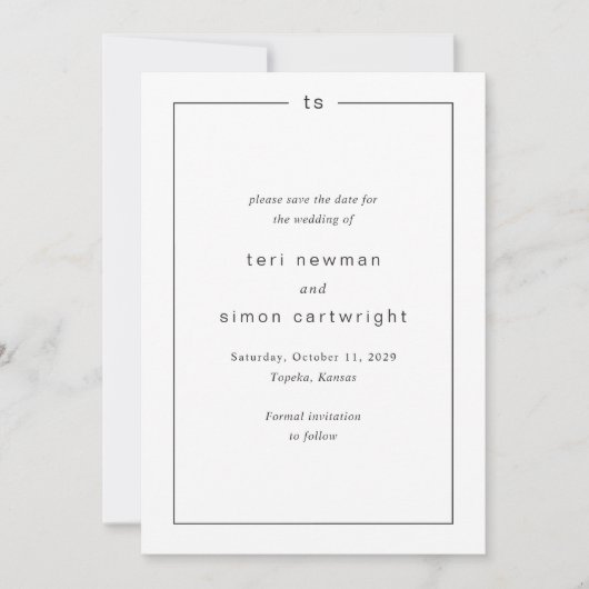 Tijdloze Zwarte en Witte Monogram Moderne Trouwdag Save The Date (Voorkant)