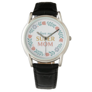 Tijdloze Zwarte Leren I Love My Super Mom Horloge