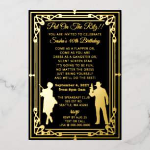 Tijdperk art deco flapper girl en gangster uit de  folie uitnodiging