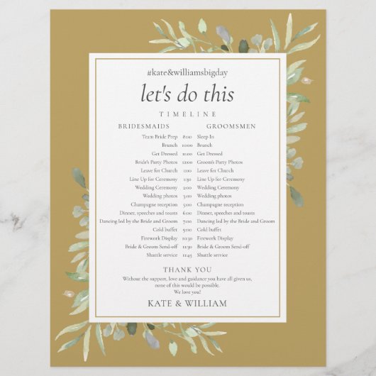 Tijdschema Elegant Gold Greenery Wedding (Voorkant)