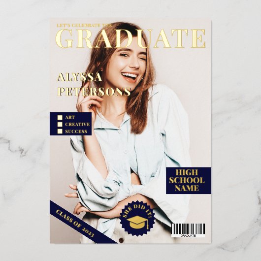 Tijdschrift bedekking 2 foto's blauw afstuderen go folie uitnodiging (Voorkant)