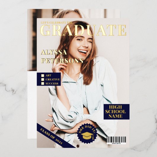 Tijdschrift bedekking 2 foto's blauw afstuderen go folie uitnodiging (Voorkant / Achterkant)