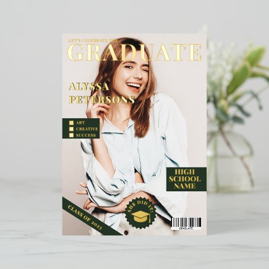 Tijdschrift bedekking 2 foto's groen afstuderen go folie uitnodiging (Staand Voorkant)