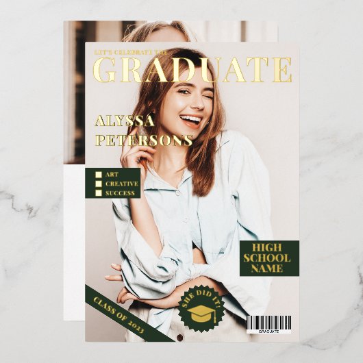 Tijdschrift bedekking 2 foto's groen afstuderen go folie uitnodiging (Voorkant / Achterkant)