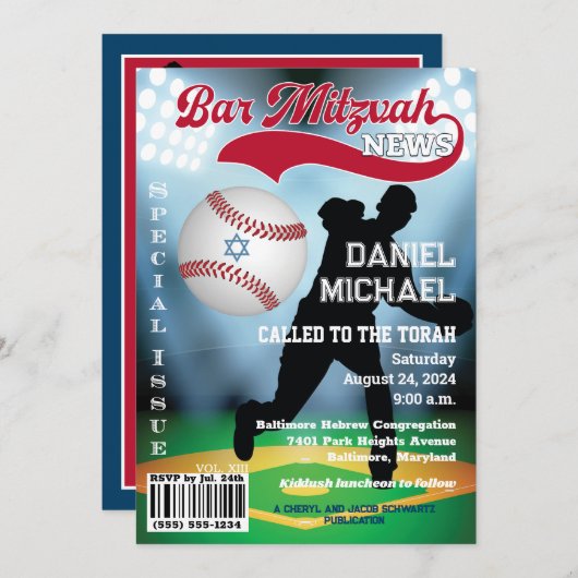 Tijdschrift Hoesje Honkbal Bar Mitzvah Uitnodiging (Voorkant / Achterkant)
