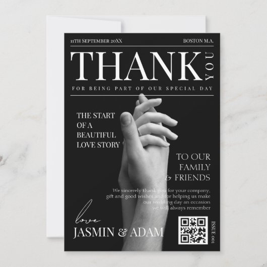 Tijdschrift Zwart Donker Mode Krant Foto Bruiloft Bedankkaart (Voorkant)