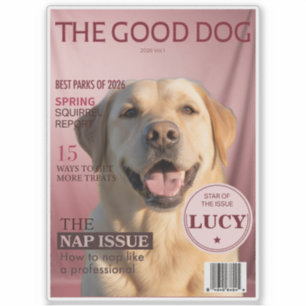 Tijdschriftcover met foto van hond en roze monogra sticker
